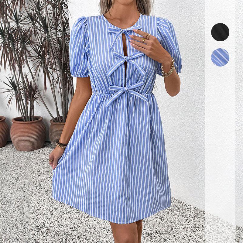 Summer New European and American Romantic Retro Striped Dress round Bow Tie Lace-up Dress