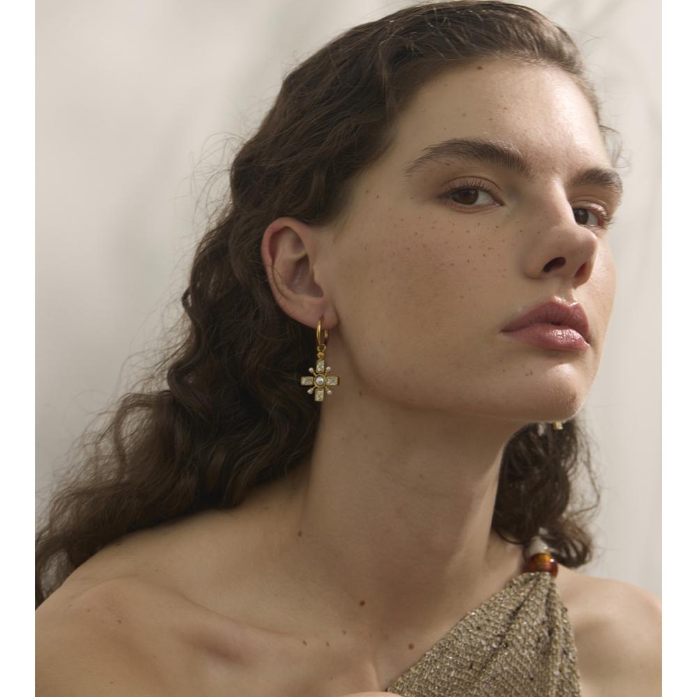 Yhpup High Quality Zirconia Pearls Cross Drop Hoop Earrings Golden Stainless Steel Temperament Arrivals Daily Jewelry Gift