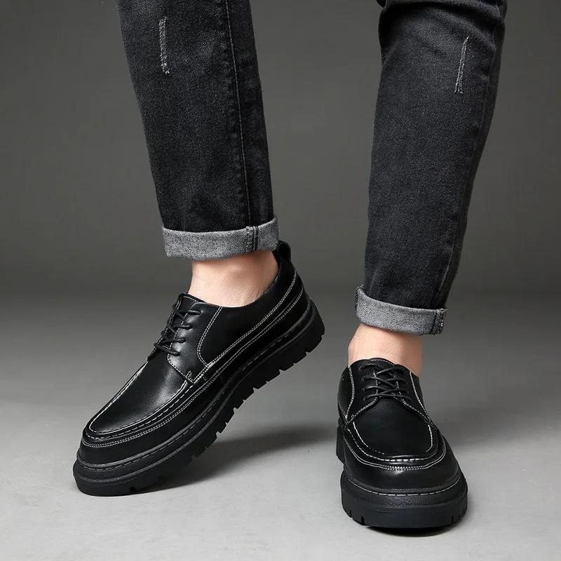 2025 Fashion Brand Male Brogues Footwear Genuine Leather Mens Casual Shoes Thick Sole Height Increasing Shoes Pure Black