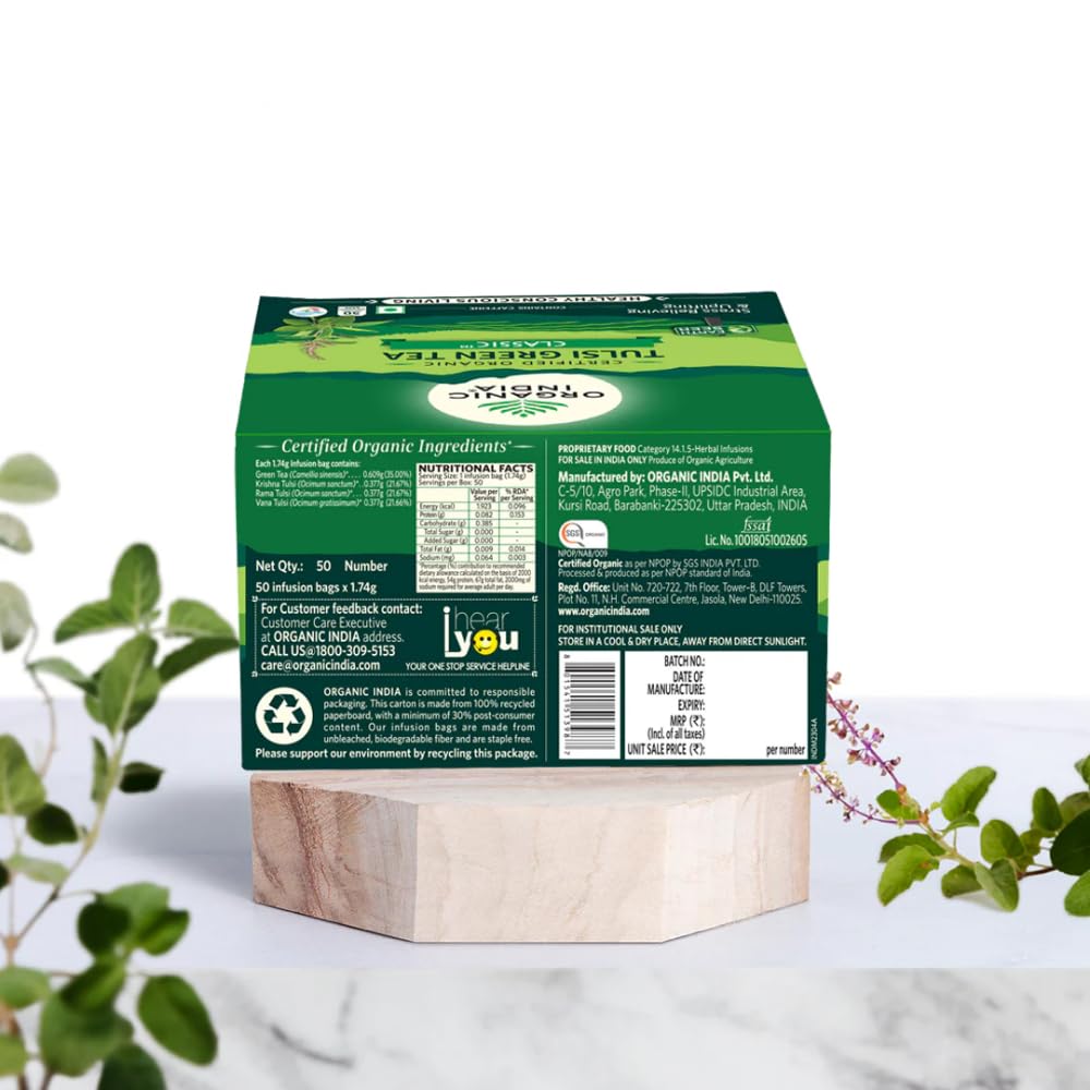 ORGANIC INDIA Tulsi Green Classic 50 Tea Bags With Antioxidant-Rich Blend For Refreshing Daily Wellness And Smooth Green Tea Experience