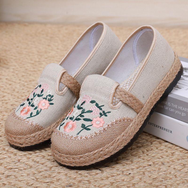 Aesthetic Comfortable Linen Weaving Slip On Embroidered Shoes for Women New In High Quality Summer Casual Cheap Woman Footwear