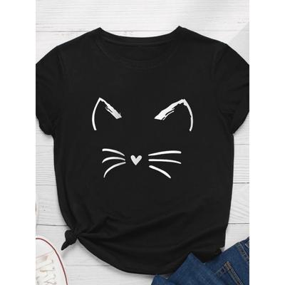 Cartoon Cat Face Pattern Printing Ladies T-shirt Short-sleeved O-neck Loose Casual Fashion Suitable for Daily Tops