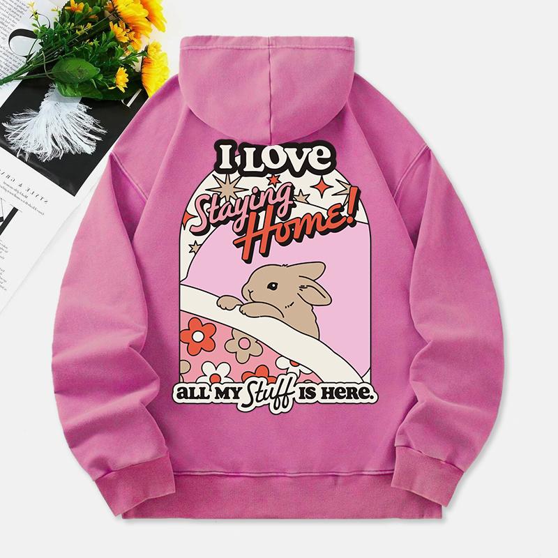 Miluji zůstávat doma Prané mikiny s kapucí Dámské Potisk králíka Bavlna Streetwear Nadměrné Kapsa Teplé Pulovry Oblečení
