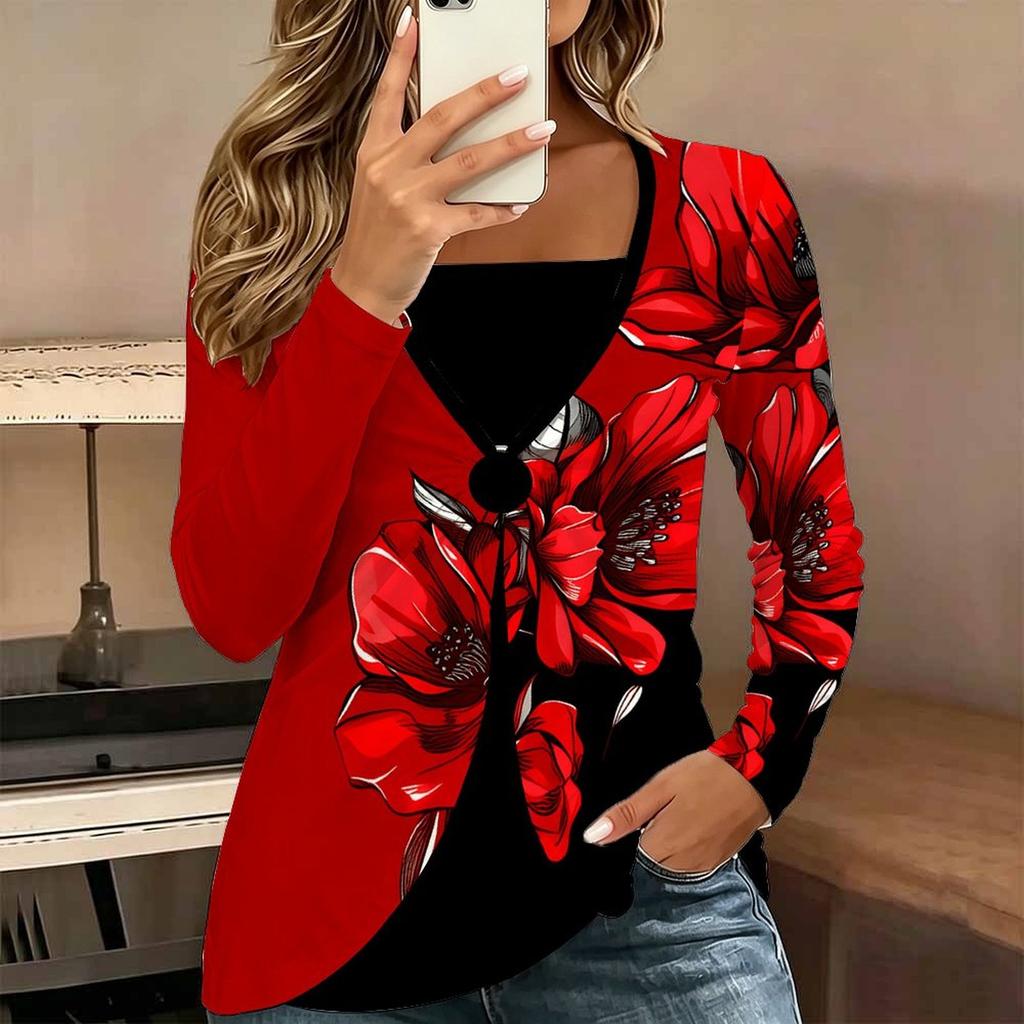 Tops for Women  Floral Print Long Sleeve Fake Two‑Piece Top Fall Casual Slim Pullover Women's Long Sleeve Top