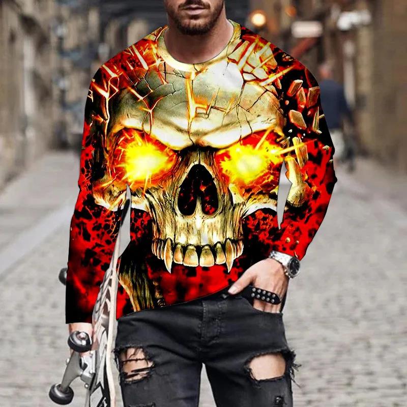 Fashion 3D Skull Print Long Sleeve T-shirts Hip Hop Trend Harajuku Men's T Shirt Casual O-neck Loose Tops Vintage Clothes
