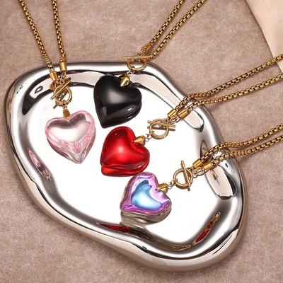 European & American Sweet Cool Crystal Heart Pendant Stainless Steel Necklace