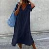 9 Colors Solid Color Cotton Linen Midi Dresses Women Fashion Casual V-neck Short Sleeves Loose Dress Simple Style Lady Dress
