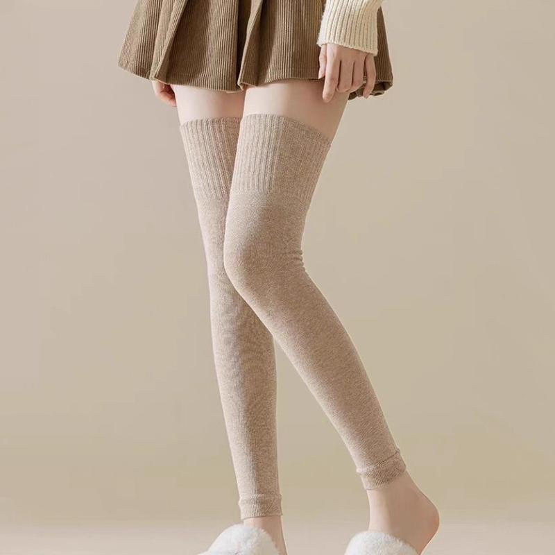 Knit Cotton Thermal Knee-High Socks Soft Warm Leg Warmers Solid Colors Light Stockings For Women Autumn Winter Home Office Wear