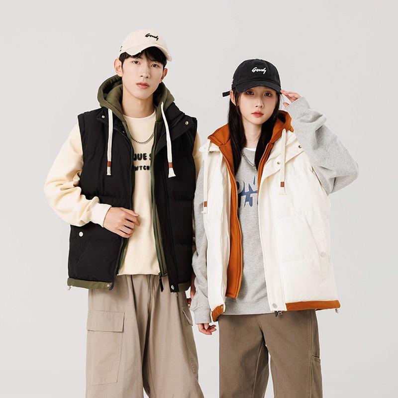 Youth graphene down cotton jacket vest men's autumn and winter middle school students fake two loose couple hooded jacket