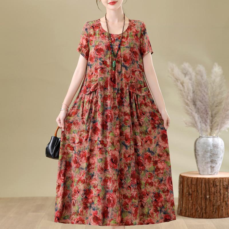 Elegant Woman Summer Dress Casual Loose Short Sleeve Long Dresses Plus Size Woman Clothing