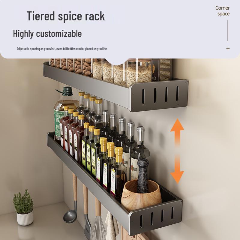 Gunmetal Wall-Mounted Kitchen Rack: No-Drill Seasoning, Knife Holder, Multifunctional Storage Solution