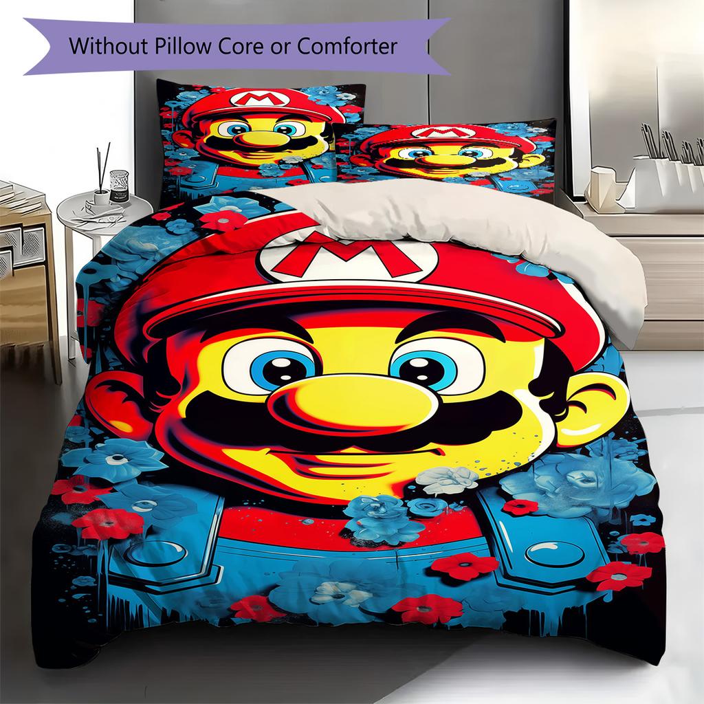 Cartoon Game Mario Duvet Cover Set Skin-friendly Polyester Bedding Comforter Cover Pillowcase Set -QJY