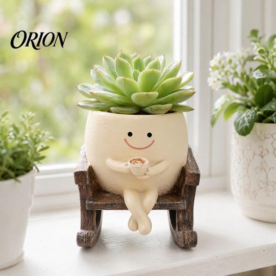 Decorative Garden Planter Smile Face Rocking Chair Pot for Indoor Outdoor Plants, Sit Modern Resin Succulents Flower Pots, Cute Head Planters