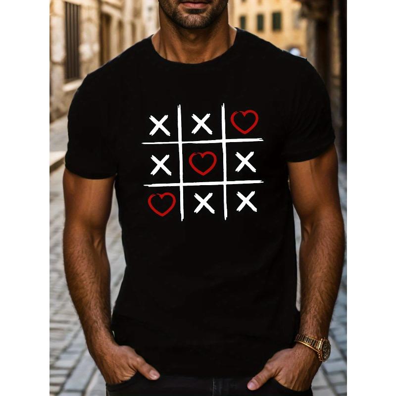 

European Size Valentine s Day Plaid Game Graphic Print Men s Creative Top, Casual Short Sleeve Crew Neck T-shirt, Men s Clothing For Summer Outdoor 4XL чорний