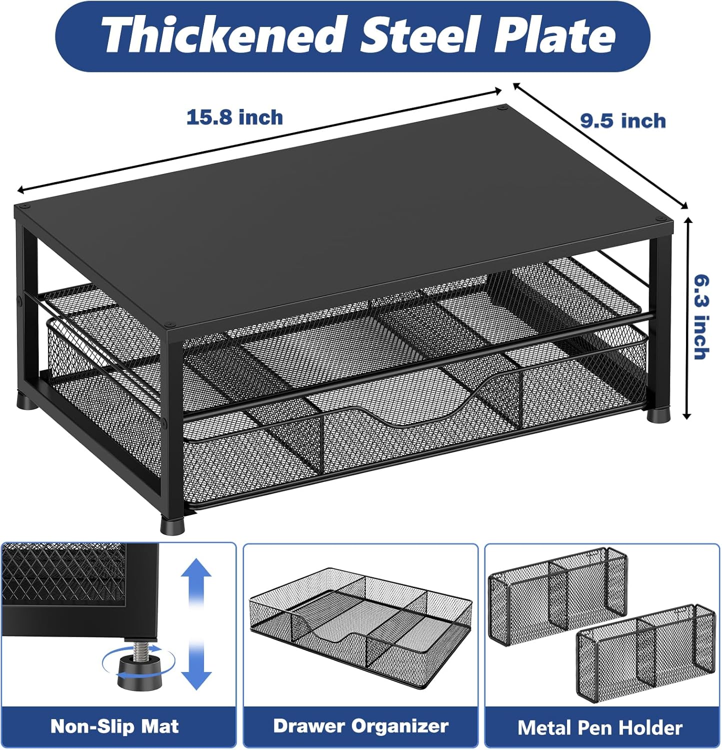 

Органайзер для стола и аксессуары, 2-ярусная подставка-подставка для монитора с ящиком и 2 подставками для ручек, аксессуары для офисного стола для канцелярских принадлежностей, черный