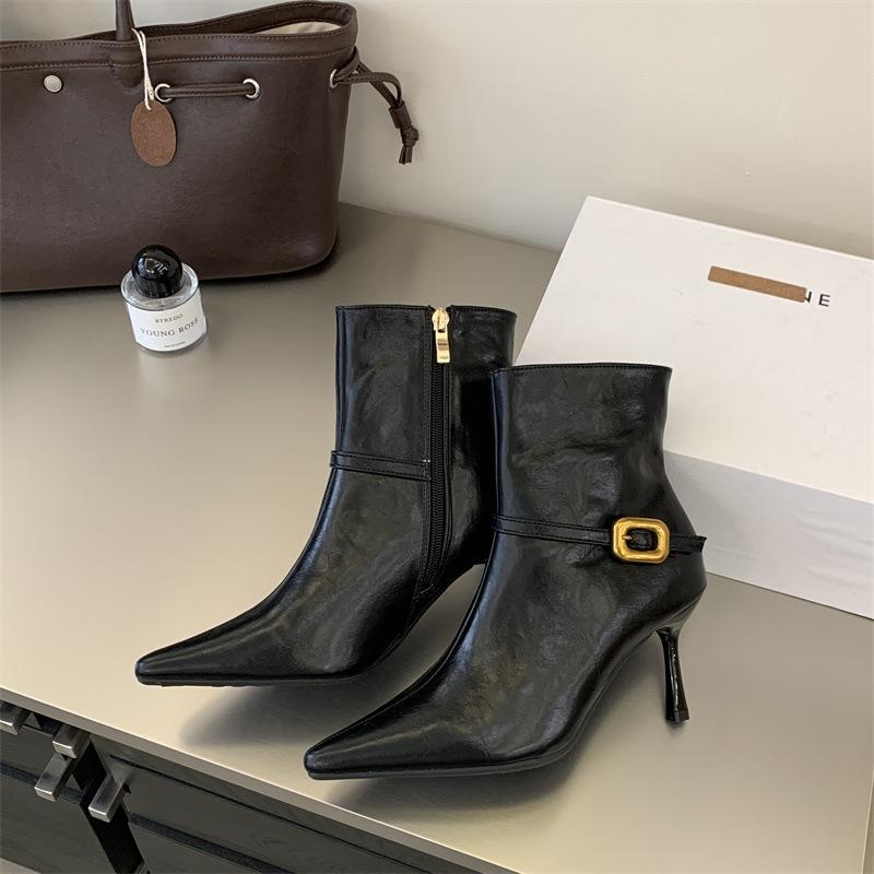 Rich retro pointed belt buckle high-heeled short boots autumn and winter new side zipper thin high-heeled thin short boots