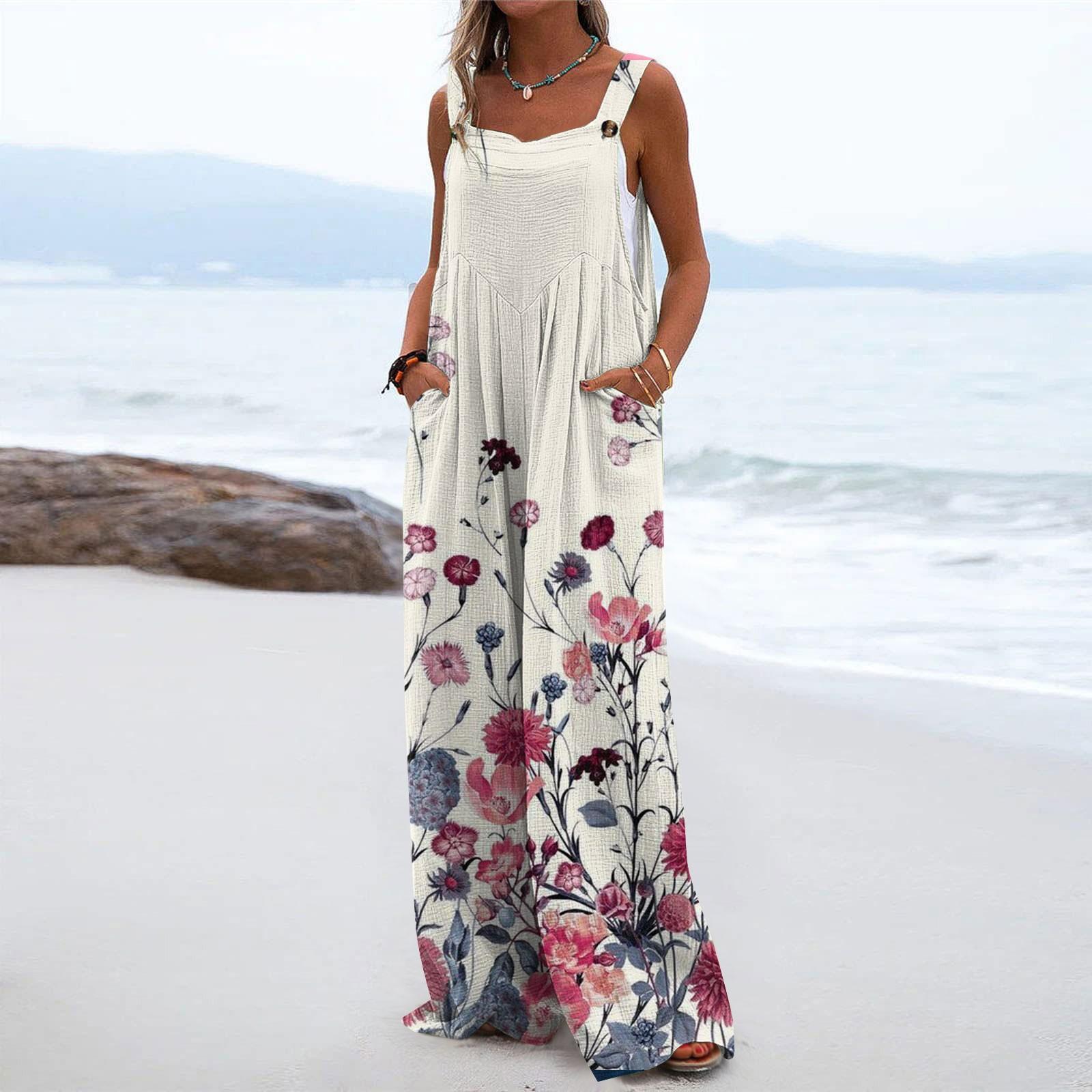 

Женский цельный комбинезон на пуговицах, повседневные свободные комбинезоны без рукавов с карманами L бежевый