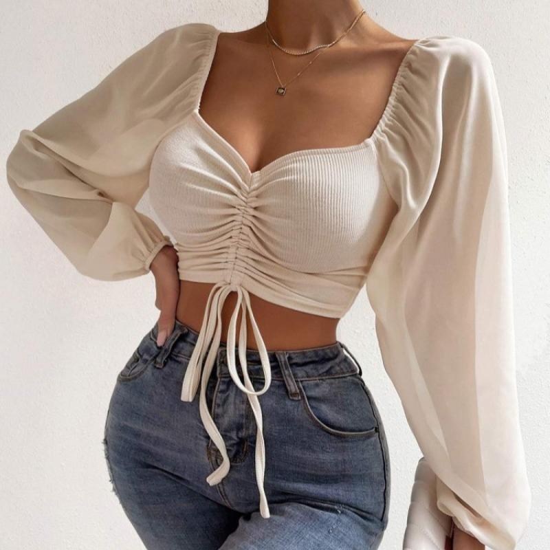 Summer New V-neck Drawstring Chiffon Blouse Women Vintage Lantern Sleeve Slim Fashion Sexy Women's Shirt Tops Elegant Solid Ladies Crop Blouse 25156