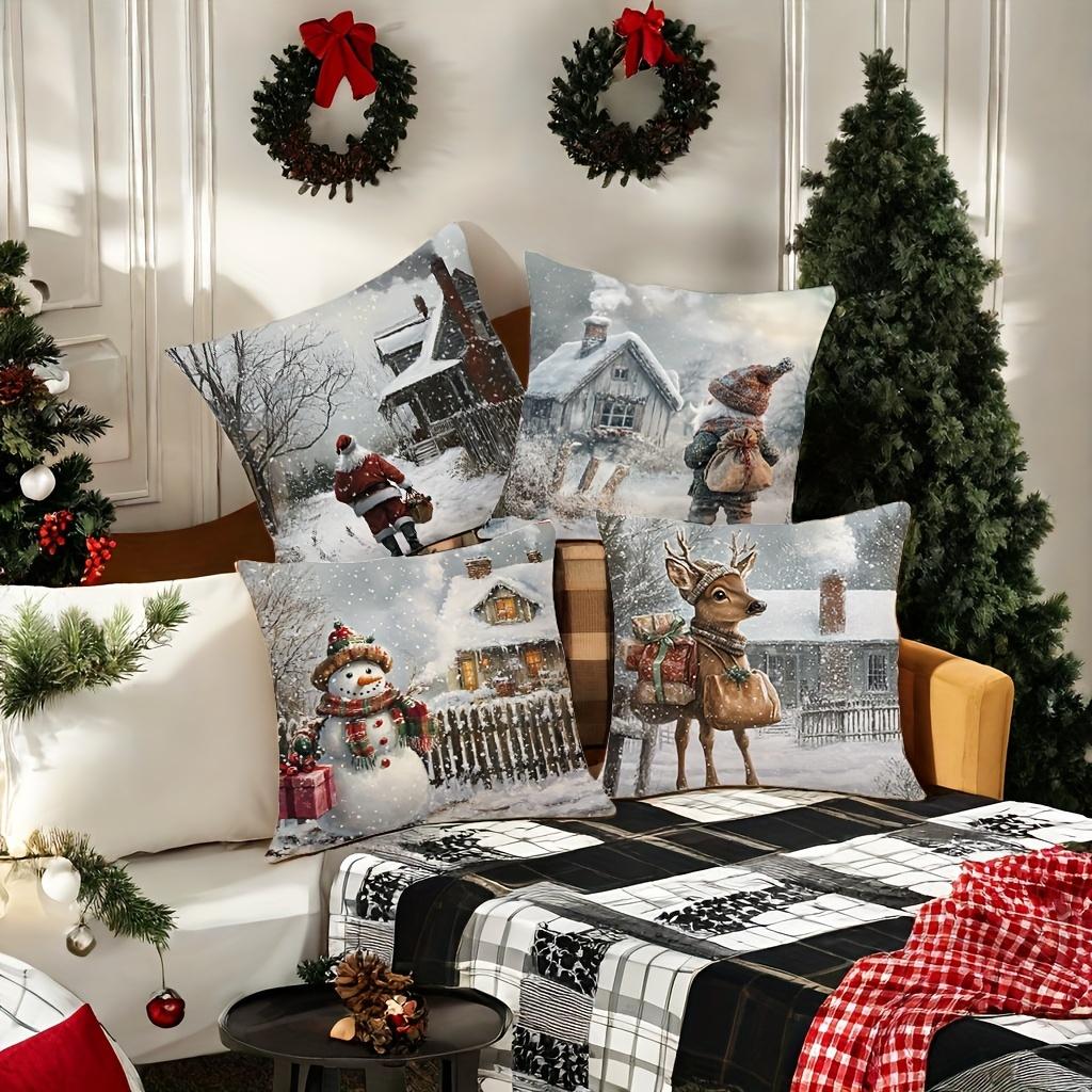 Christmas Scene Pillows Santa Snowman Deer Cottage Polyester pillowcase, sofa decorative cushion cov Headboard Pillow