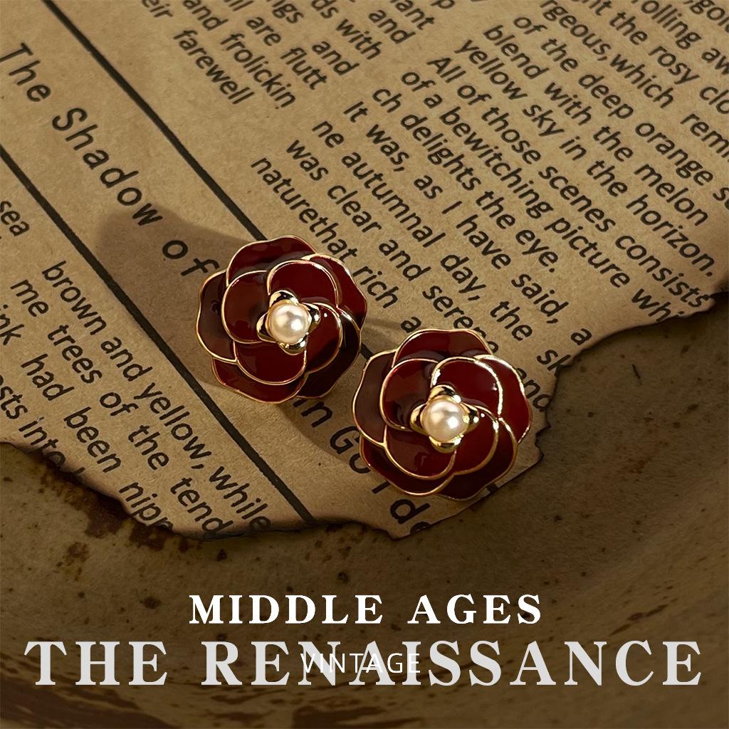 Burgundy Enamel Drop Glaze Earrings Collection Retro French Stud Earrings Hong Kong Style Earrings