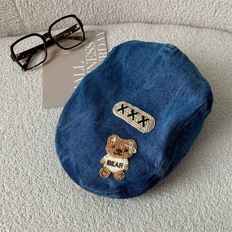 

Милая джинсовая шляпа с нашивкой в виде медведя, женская ретро-многофункциональная шляпа с лицом, маленькая потертая шляпа старого художника M（56-58cm）