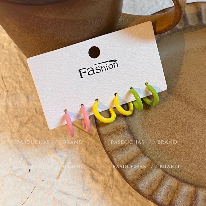 

6pcs Stainless Steel Enamel Multicolor Hoop Earrings For Women Dopamine Small Earplugs Pierced Round Thick Zircon Wholesale