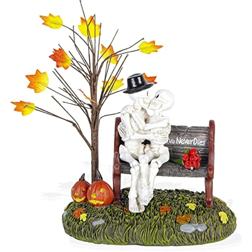 Halloween Village Accessories, Kiss of Death Figurines, Spooky Skeleton and Pumpkin Statue LED Lights Decorations Holiday Gifts