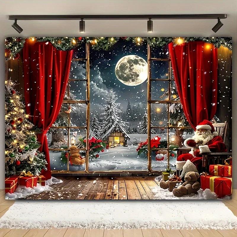 Christmas Day Party Decoration Background Cloth Winter Night View Santa Claus Tree Tapestry Home Curtain Polyester