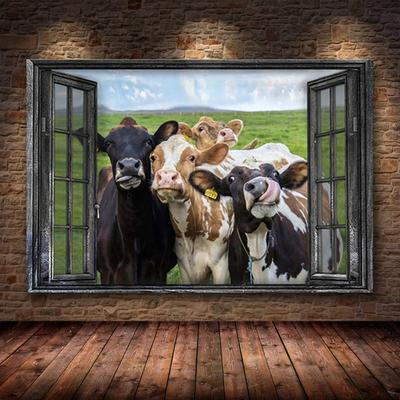 Cows By The Window Horizontal Poster Vintage Farmhouse Cow Wall Art Pictures Livingroom Kid Bedroom Home Decor Cuadros Canvas