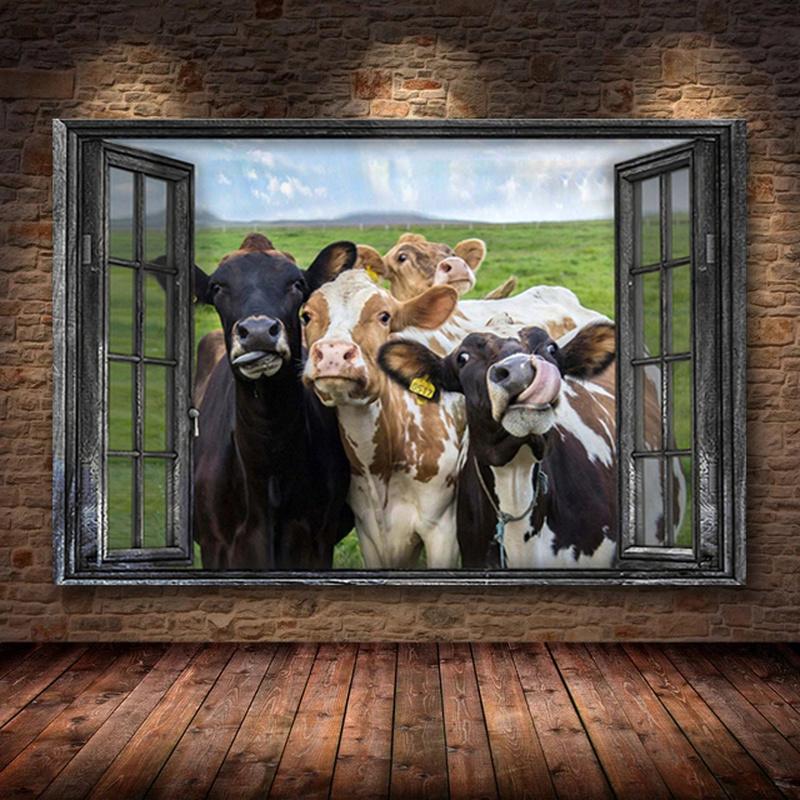 Tableau Déco Animaux Ferme - Cochon, Vache, Coq - Impression Sur Toile Encadrée 30,5x40,6 Cm - Style Rustique Amusant