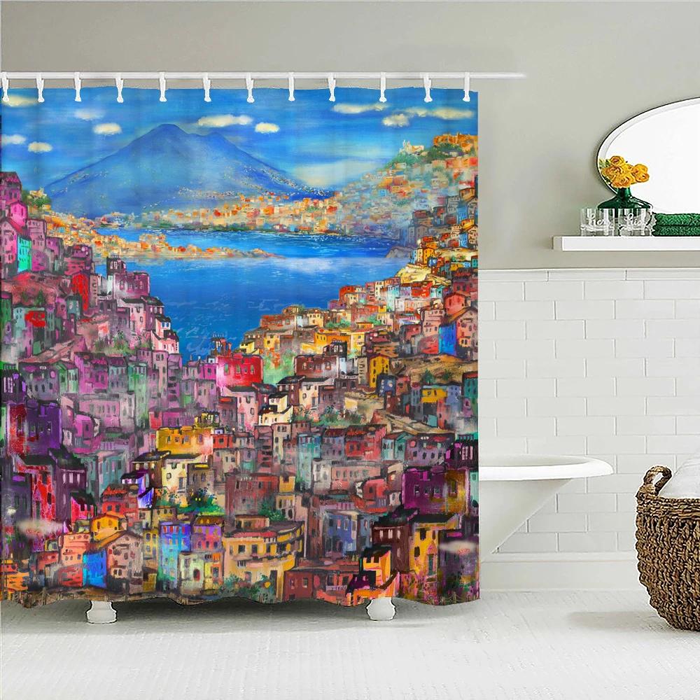 3D European town rural forest landscape printing bathroom waterproof shower curtain polyester curtain home decoration curtains