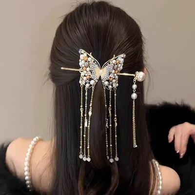 Luxurious Elegant Colored Pearl Butterfly Tassel Alloy Hair Clip Women's  Bundle Hair Clip Party Fashionable Hair Accessory