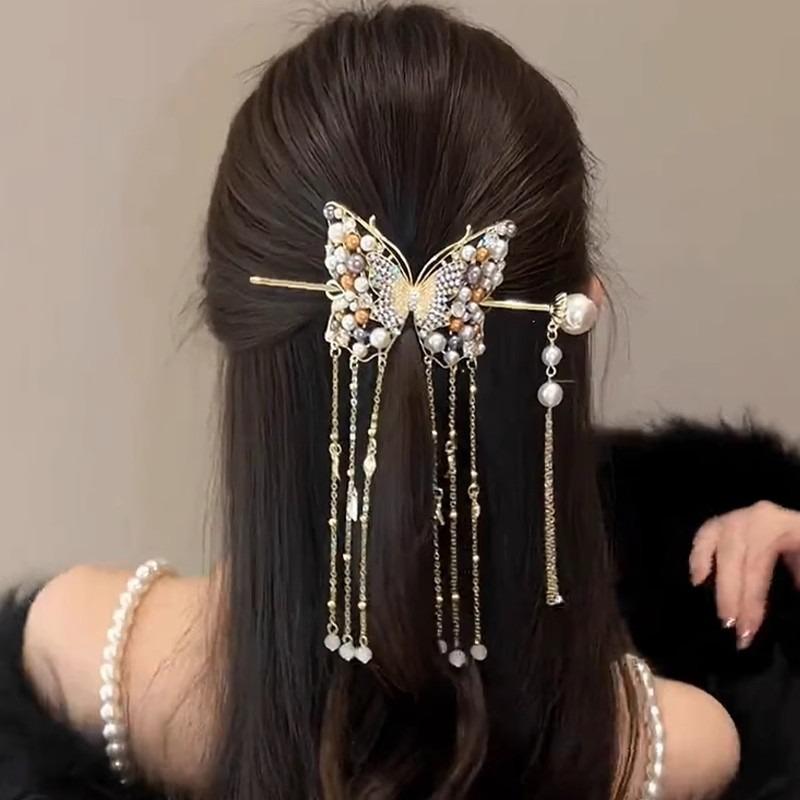 Luxurious Elegant Colored Pearl Butterfly Tassel Alloy Hair Clip Women's Bundle Hair Clip Party Fashionable Hair Accessory