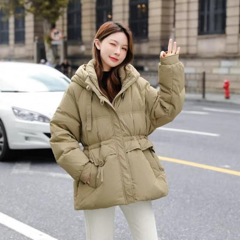 Womens Plus Size Puffer Jacket With Drawstring Waist Thick Warm Cotton Fill Hooded Short Coat Fall Winter
