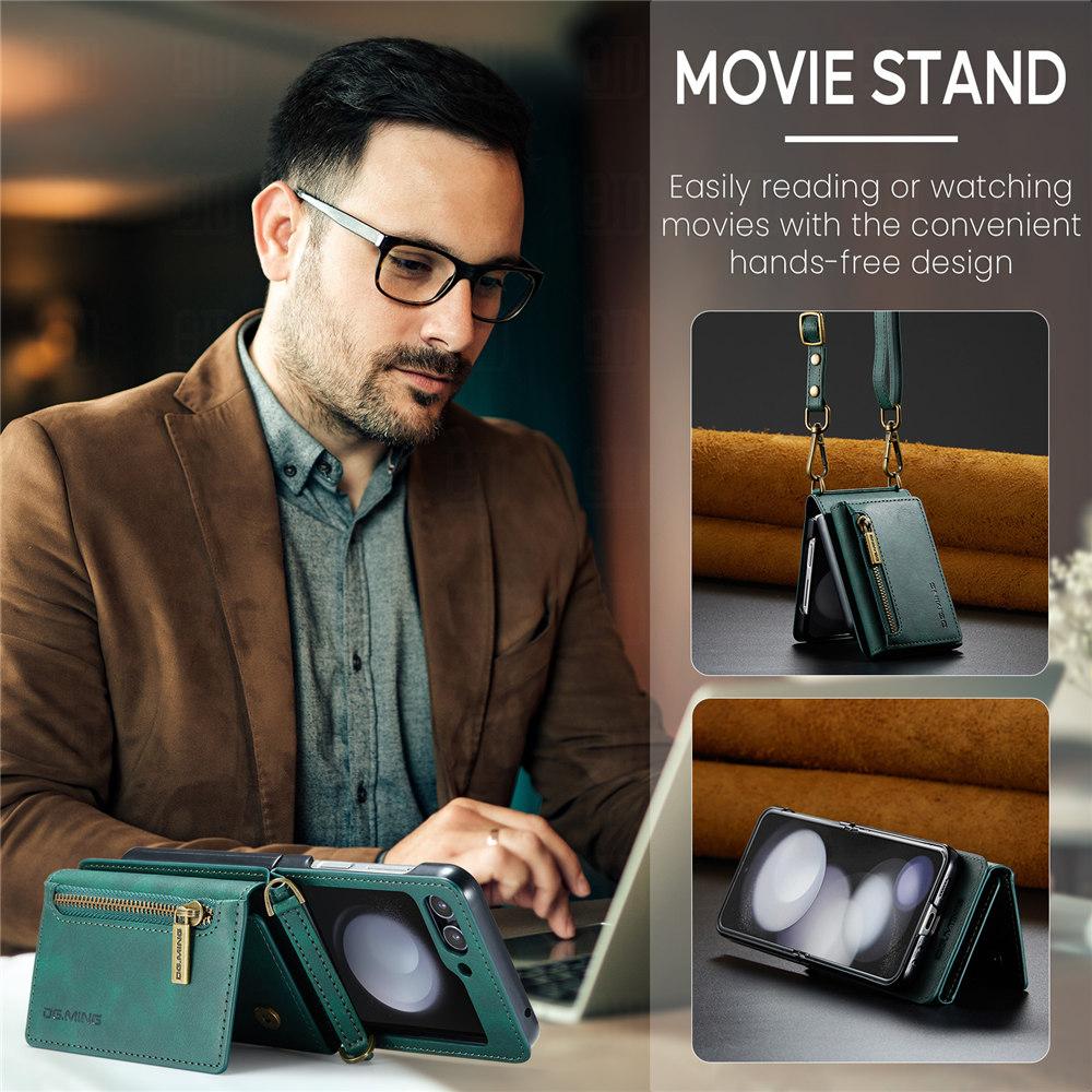 Vintage Lanyard Leather Wallet Case For Samsung Galaxy Z Flip 6 Flip 5 Flip 4 3 Credit Cards Slot Phone Cover