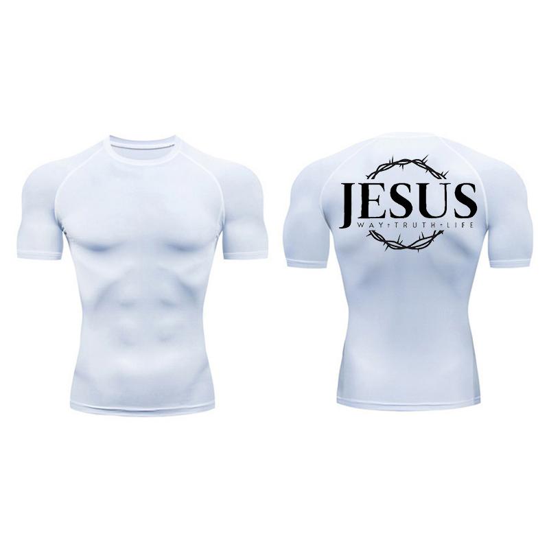 Cross Print Compression Shirt for Men Athletic Quick Dry Short Sleeve Tops Baselayer Christian Gym Workout Running T-shirts Tees