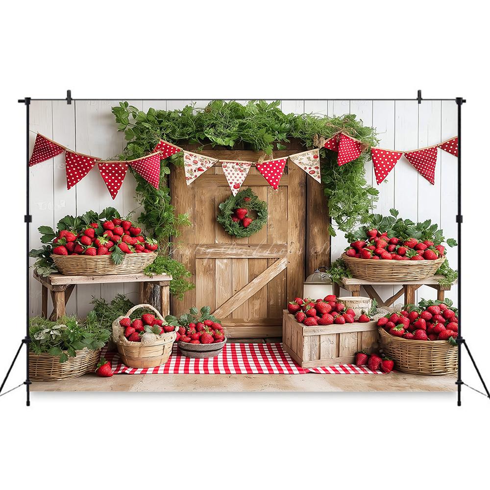 Rural Barn Door Strawberry Themed Birthday Party Background, Children's Birthday Party Decoration Photography Studio Background