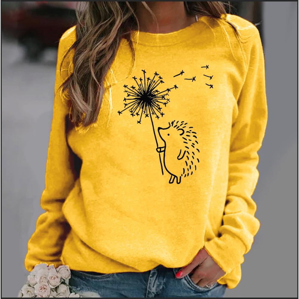 Creative Hedgehog Print Round Neck Casual Hoodie Round Neck Top Winter Clothes Women  Sweatshirt  Streetwear Women