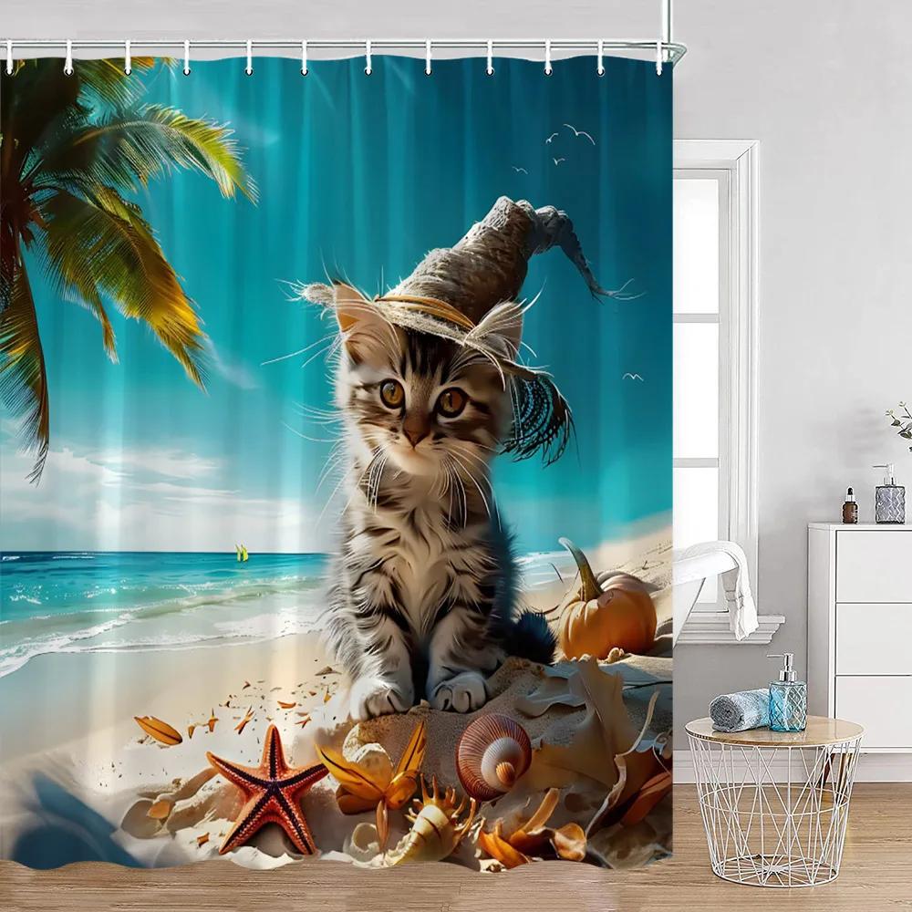 Grappige Katten Douchegordijn Katten Rijden op Haaien Cool Schattige Katten Honden Bloemen Zomer Badkamer Decoraties Polyester Badgordijn