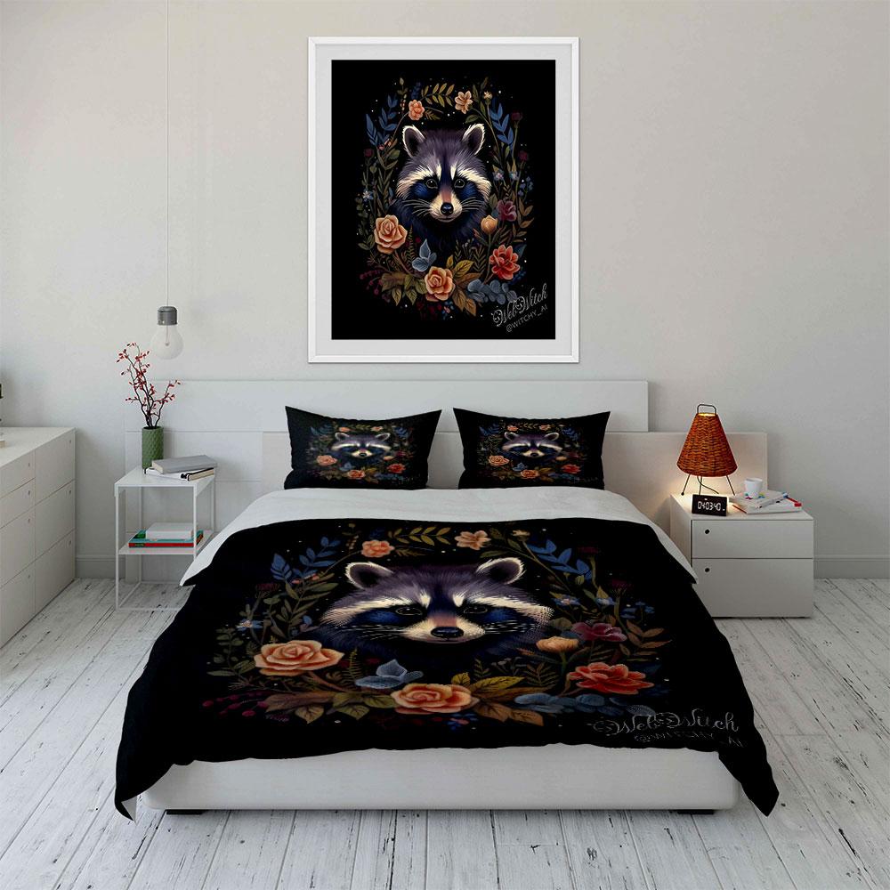 Set de așternut moale, prietenos cu pielea, cu decor Art Floral Raccoon Include 1 Față de plapumă și 2 Fețe de pernă Cadou