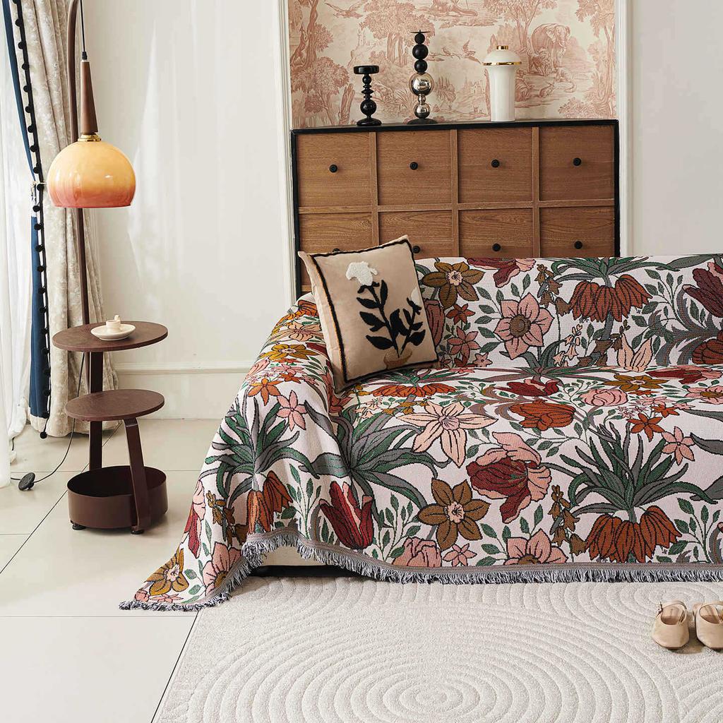 Fresh Floral Linen Sofa Throw Blanket Cover American Country Vintage One Piece All Season