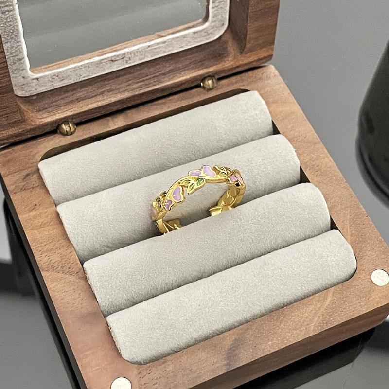 Cute Romantic Purple Four Leaf Zircon Flower Adjustable Rings for Women Gold Color Stainless Steel Jewelry Gift Anillos De Mujer