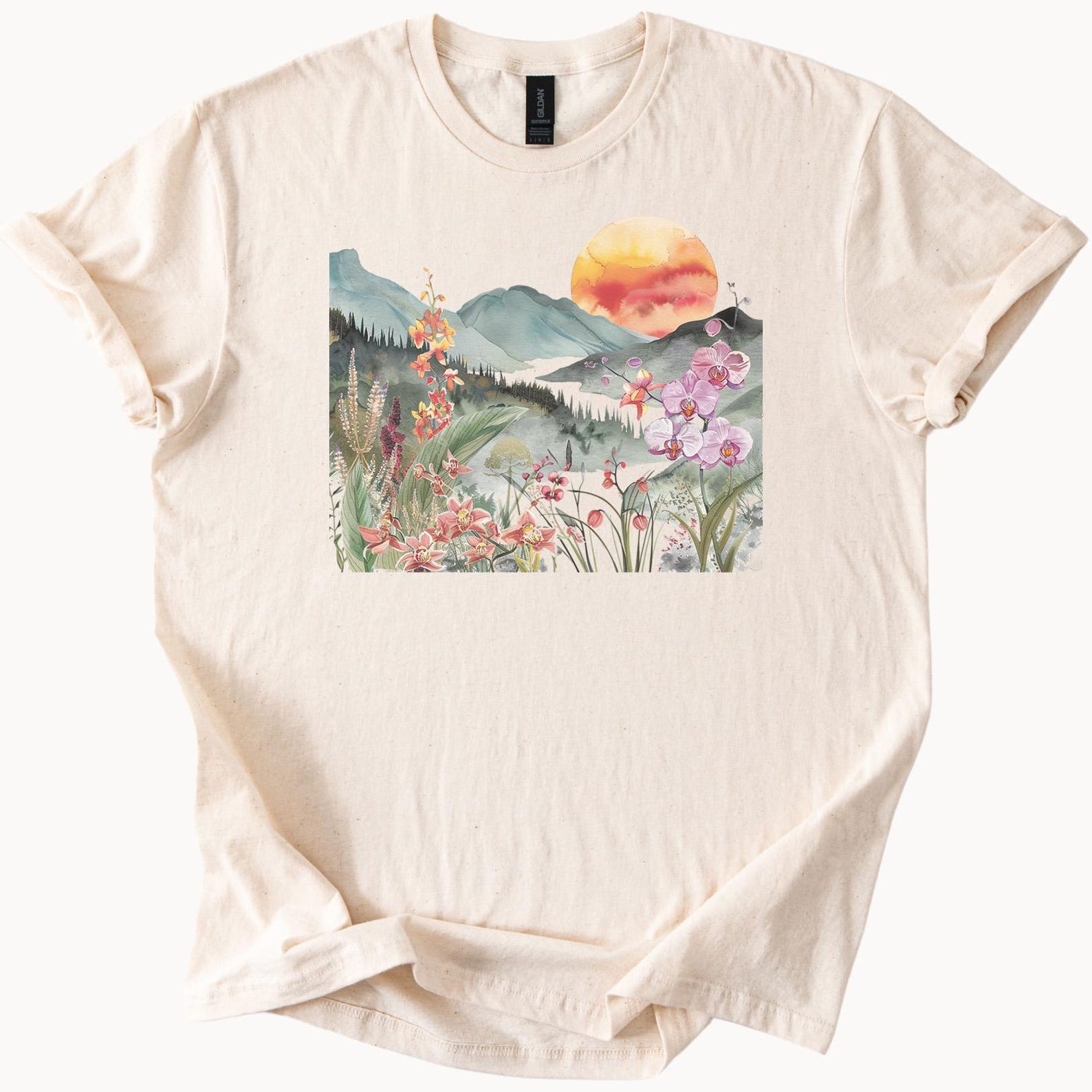 Sunset Mountain Wildflower Meadow Nature Graphic Shirt Artistic Floral Landscape Tee 100