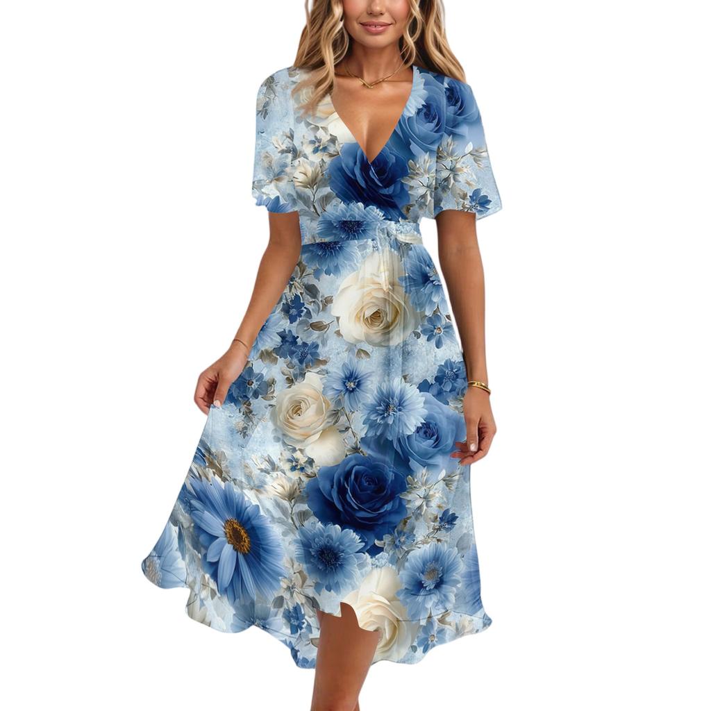 Women's Casual V Neck Short Sleeve Midi Dress Floral Print Wrap Style Lightweight Summer Dress