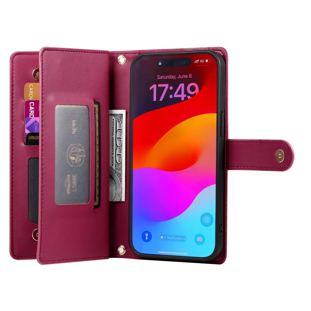 For iPhone 17 Pro Case Zipper Pocket Wallet Leather Phone Cover with Straps