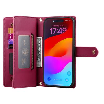 For iPhone 17 Pro Case Zipper Pocket Wallet Leather Phone Cover with Straps