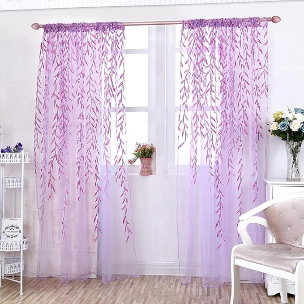 Pieces Window 2 Willow Leaf Curtain Voile Tulle Room Salix Leaf Sheer Vine Drapes Curtain Willow Leaf Curtain For Living Room Bedroom Balcony