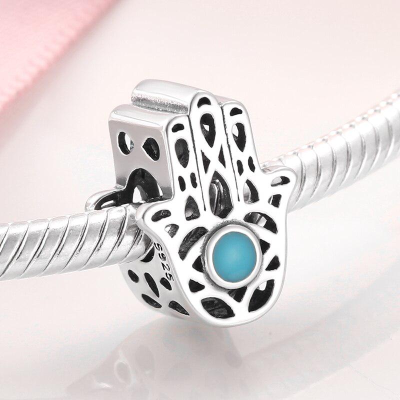100 %Real 925 Silver Blue Enamel Charm Fatima Hand Beads Diy Jewelry Fit Original Jiuhao Charms Bracelets Fashion