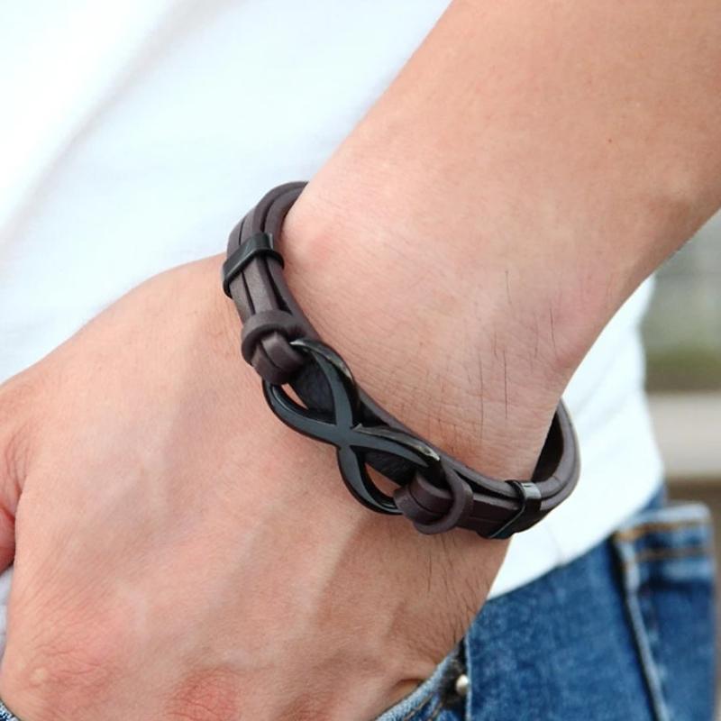 Mens Stainless Steel Bracelet with Leather, Classic Business Jewelry with Chain Design, Gift for Men
