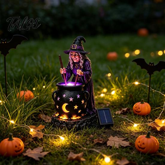 Pryskyřičný kotel čarodějnice Solární soška se svítícím kotlíkem, Venkovní Halloweenské zahradní světlo, Strašidelná dekorativní figurka pro dvorek trávník verandu cestičku